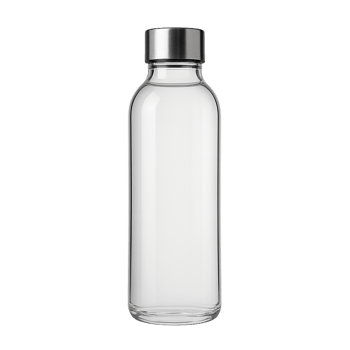 A clear glass water bottle with a silver lid png