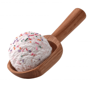 Delicious scoop of ice cream with colorful sprinkles in a wooden scoop against a white isolated background. png