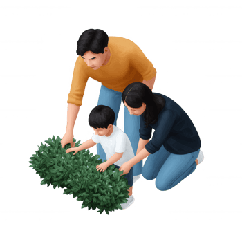 Family planting and caring for plants together. A parent and child engage with nature, fostering bonding and environmental awareness in a nurturing atmosphere. png