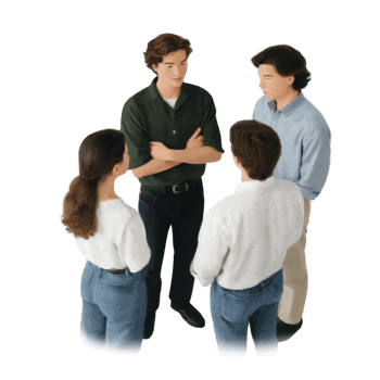 Group of four people engaged in conversation, standing in a circle with arms crossed and attentive expressions, isolated on a white background. png