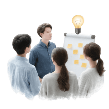 Group of professionals brainstorming ideas around a flip chart with sticky notes and a light bulb representing innovation and teamwork. png