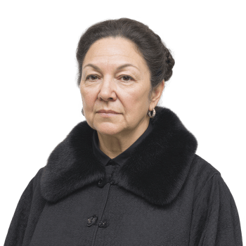 Portrait of a serious woman in a black coat with a fur collar, isolated on a white background, conveying strength and resilience. png