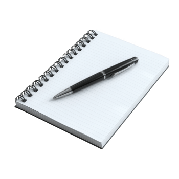 Spiral notebook with blank pages and sleek black pen, perfect for jotting down notes, ideas, or sketches. Ideal for office, school, or personal use. png