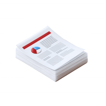 Stack of business reports with a pie chart, showcasing data and statistics on a clean, white background for professional presentations. png
