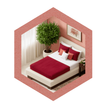 Stylish bedroom interior featuring a cozy bed with red bedding, complemented by decorative pillows and a potted plant, set against a soft pastel wall. png
