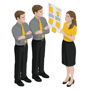 Three business professionals engaged in a discussion, one presenting ideas on a document while the others listen png