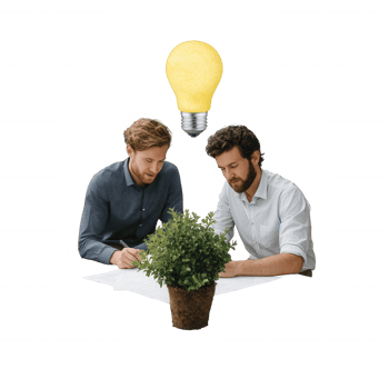Two men discussing ideas with a lightbulb above, showcasing teamwork and creativity in a modern business setting, emphasizing innovation and collaboration. png