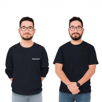 Two young men with glasses standing side by side, with one hands in pocket and the other crossed, against a white isolate background. png