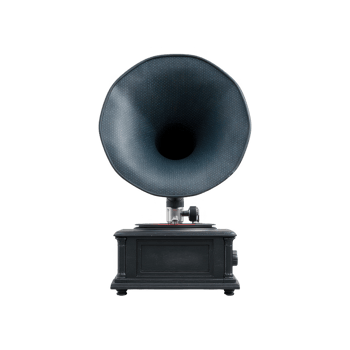 Vintage gramophone with a large horn, showcasing classic design. Ideal for music enthusiasts and collectors. Perfect for nostalgic themes and retro music aesthetics. png