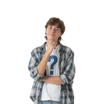 Young man with a questioning expression, wearing a casual plaid shirt and a shirt with a question mark. Isolated on a white background, perfect for various conceptual themes. png