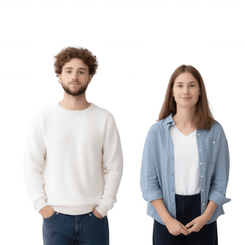 Young diverse couple standing together with friendly expressions, isolated against a white background. png