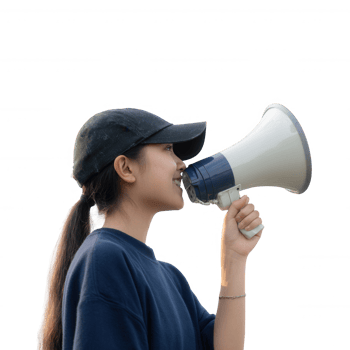 Young woman holding a megaphone, ready to speak out, wearing a baseball cap. Isolated on a white background, showcasing confidence and empowerment. png