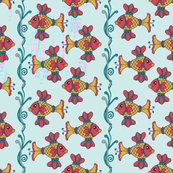 Fish Seamless Pattern Design with sea weed in folk style vector
