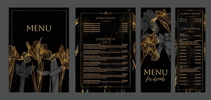 Colorful food and drinks menu designs. Restaurant menu template. Luxurious A4 format with high quality flowers for print and online usage. Hand drawn line art golden iris illustrations. vector