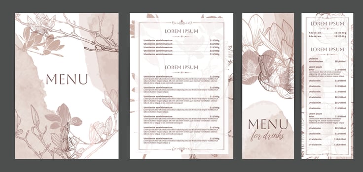 Colorful food and drinks menu designs. Restaurant menu template. Beautiful A4 format with high quality flowers for print and online usage. Pastel hand drawn line art magnolia illustrations. vector