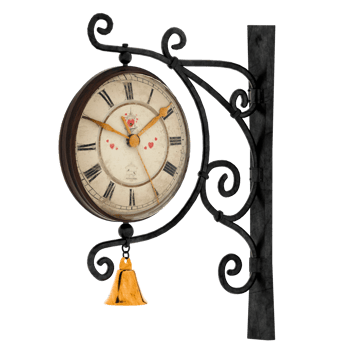 Render vintage wall clock with golden bell with transparent background png