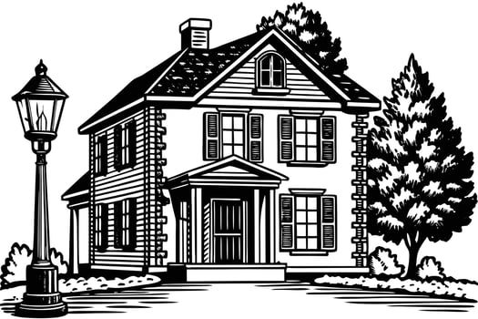 A black and white illustration of a house with a lamppost vector