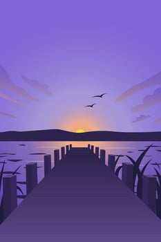 Sunset Pier on Lake Landscape with Wooden Dock, Birds, Hills and Calm Water in Purple Tones vector
