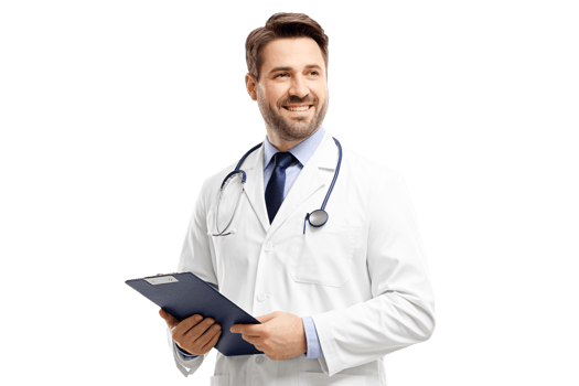 Smiling Caucasian Doctor with Stethoscope Holding Clipboard on Transparent Background png
