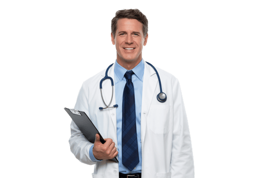 Smiling Male Doctor Holds Clipboard with Stethoscope Isolated on Transparent Background png