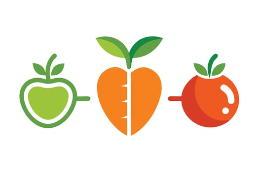 A raphic design of a green apple, orange carrot, and red tomato on white background vector