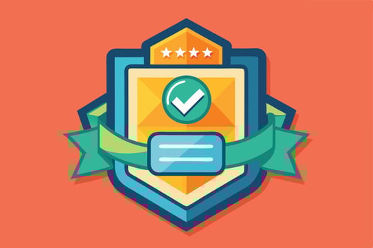 A graphic illustration of a badge with a checkmark on an orange background art vector