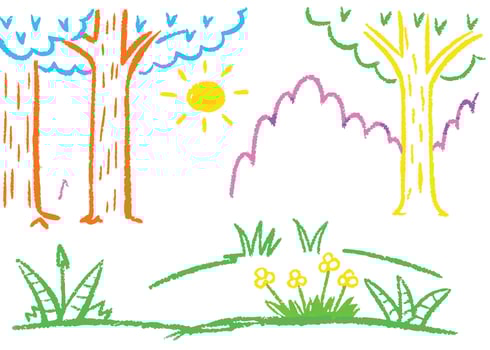 Colorful spring flowers, green grass, and leaves flourish in a vibrant landscape with trees, branches, and a clear sky, perfect for a seasonal design vector