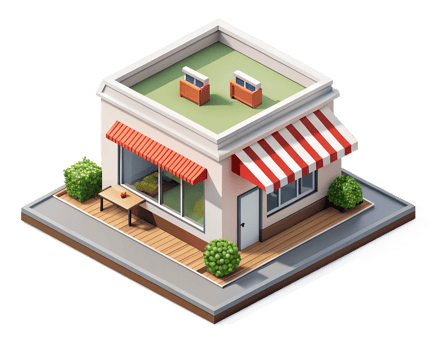 A small store with a red awning and a table png