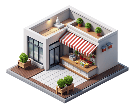 A small building with a red awning and potted plants png