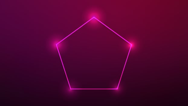 Neon frame in pentagon form with shining effects on dark pink background. Empty glowing techno backdrop. illustration vector