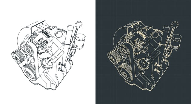 Wankel rotary engine isometric blueprints vector