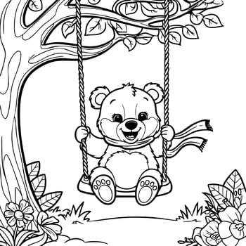 Playful Bear on Tree Swing Coloring Page in a Blooming Forest vector