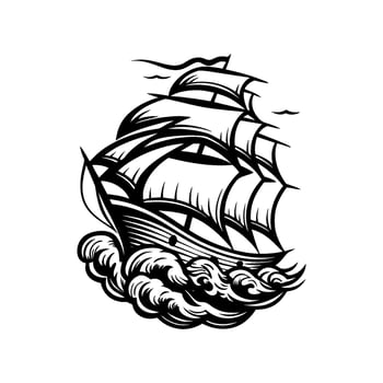Illustration depicting a classic tall ship with billowing sails, amidst waves vector