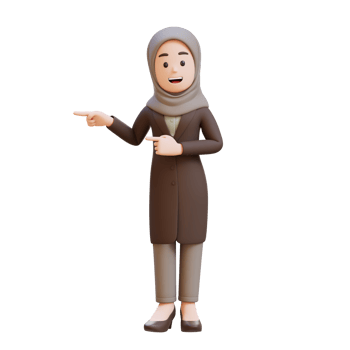 3D muslim business woman character is pointing to the right png