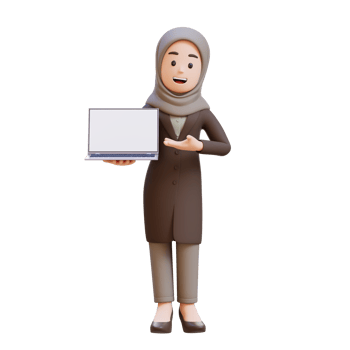 3D muslim business woman character holding and presenting to a laptop with empty screen png