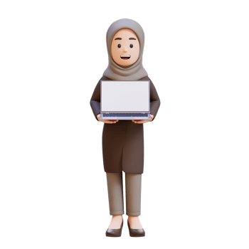 3D muslim business woman character holding a laptop png