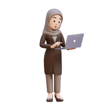 3D muslim business woman character is standing confused working on a laptop png
