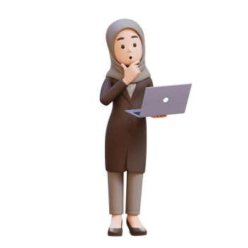 3D muslim business woman character holding a laptop and thinking png