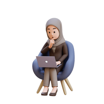3D muslim business woman character is thinking, sitting in a chair with a laptop in front of her png