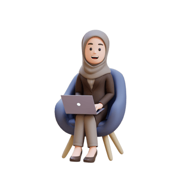 3D muslim business woman character is sitting in a chair with a laptop in front of her png