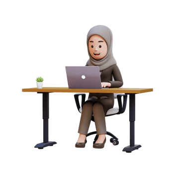 3D muslim business woman character is sitting at a desk with a laptop png
