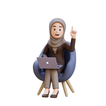 3D muslim business woman character get an idea while sitting on a sofa and working on a laptop png