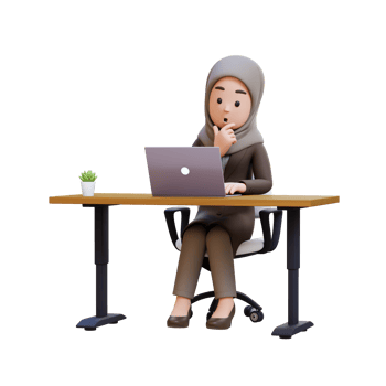 3D muslim business woman character working at a desk with a laptop png