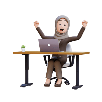 3D muslim business woman character is celebrating in desk with laptop png