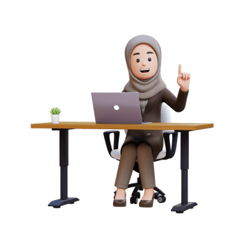 3D muslim business woman character sits at a desk with a laptop and got an idea png