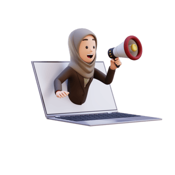 3D muslim business woman character jumping out from computer with a megaphone png