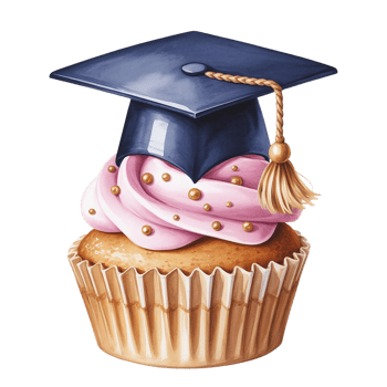 Graduation cupcake with pink frosting and a graduation cap. png