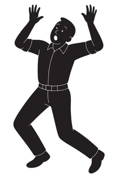 Silhouette of a man jumping in surprise with arms raised and knees bent, surprise man silhouette vector
