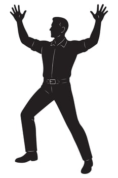 Silhouette of a man with both arms raised and fingers spread, summoning unseen power, powerful man silhouette vector