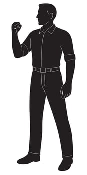 Silhouette of a man clenching his fist at shoulder height, asserting resolve, man with believe vector